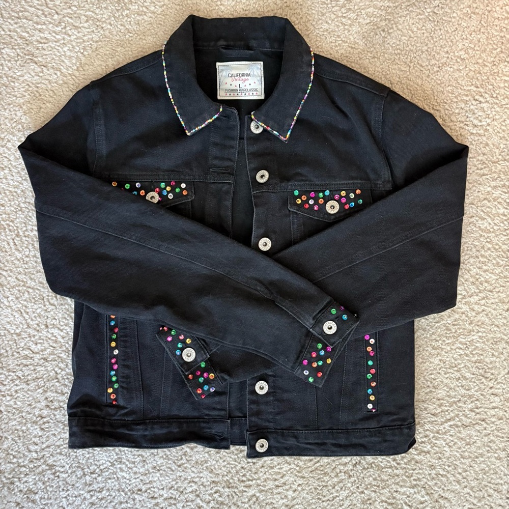 California Vintage Black Denim Jacket with Colorful Embellishments